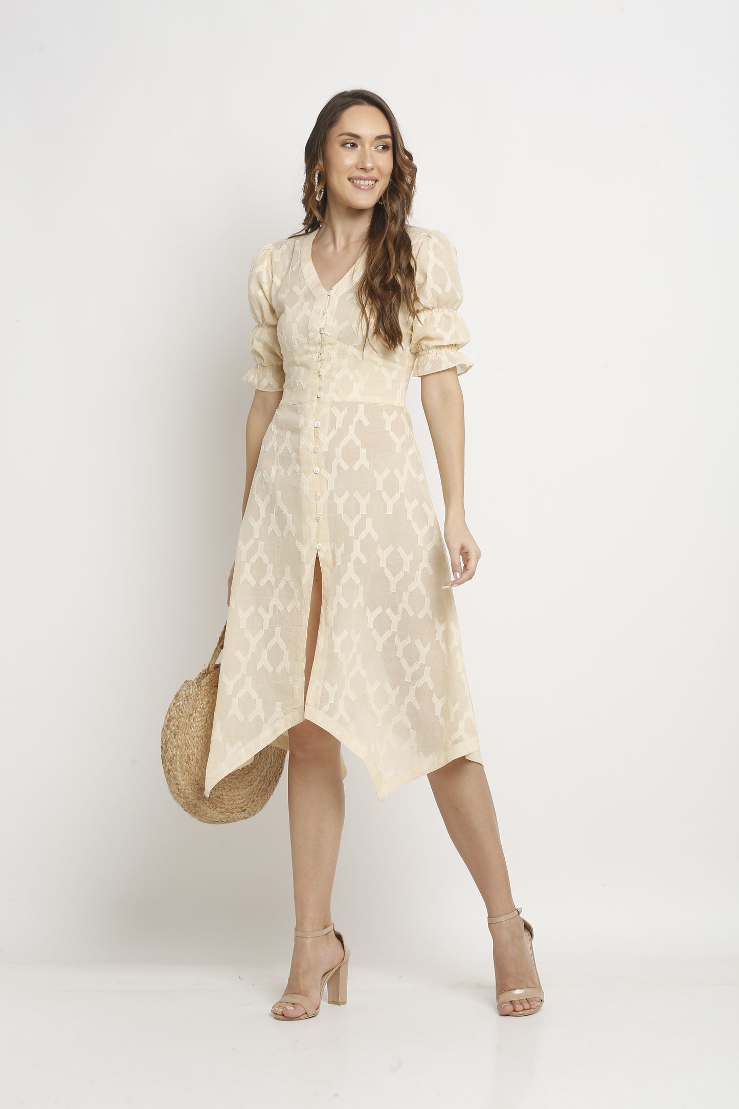 C&C Off-white Jacquard High Low Dress