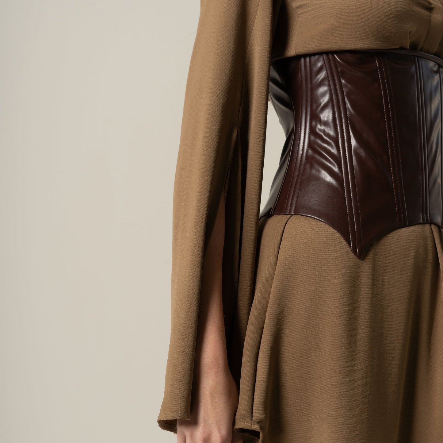 C&C Collar Neck Shirt Dress With Leather Corset Belt