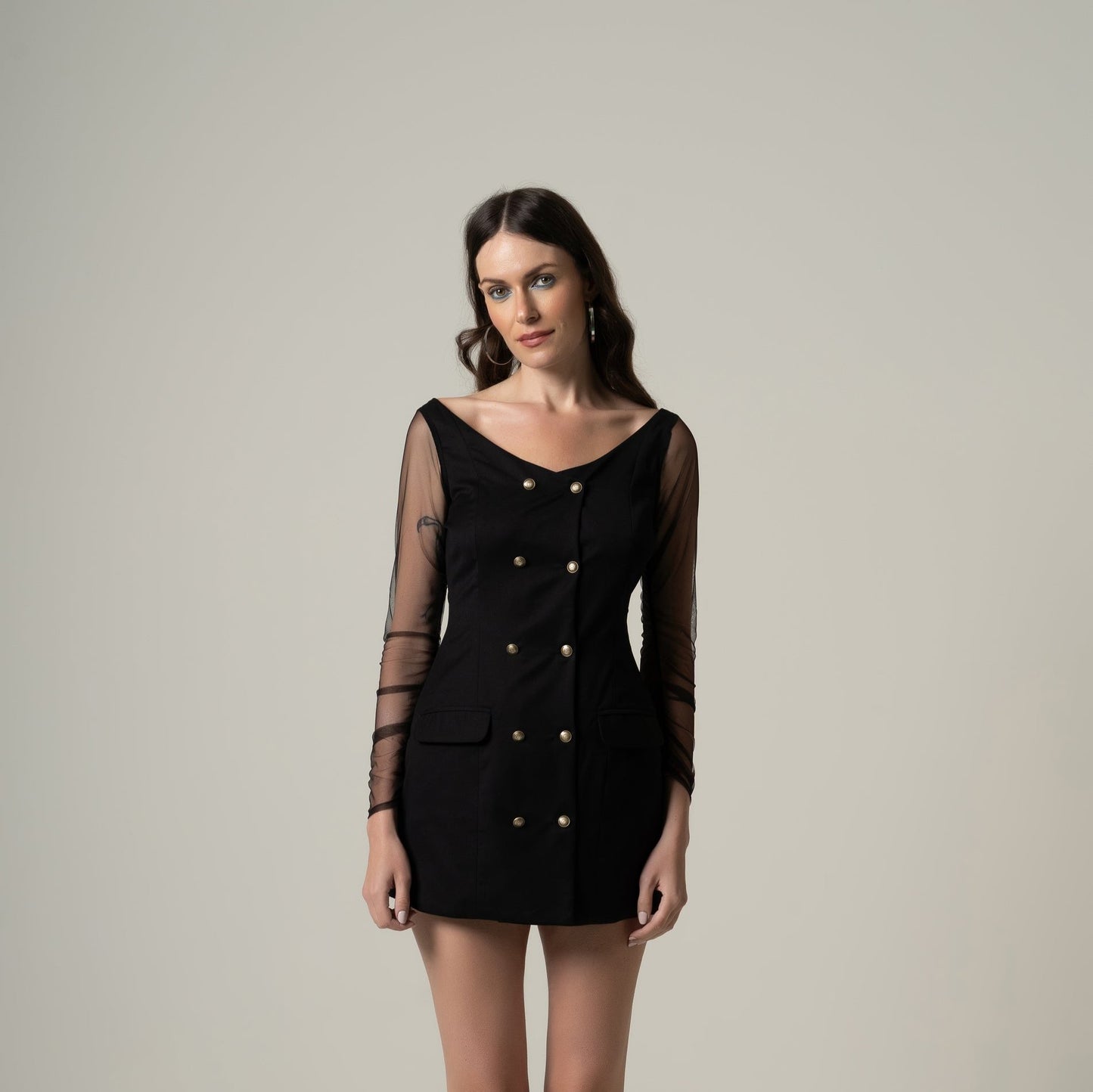 C&C Front Buttoned Full sleeve Mini Black Dress